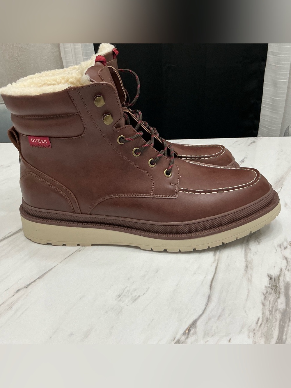 GUESS Men’s Brown Leather Shearling-Trim Lace-Up Boots